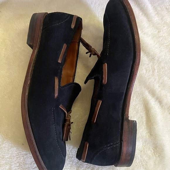 RARE MODEL | ALLEN EDMONDS 11E NAVY BLUE SUEDE ACHESON TASSEL LOAFER DRESS SHOES - Picture 2 of 13